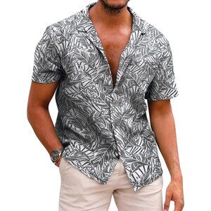 Men's White Hawaiian Floral Shirt Cotton Linen Button Down Tropical Beach Shirt